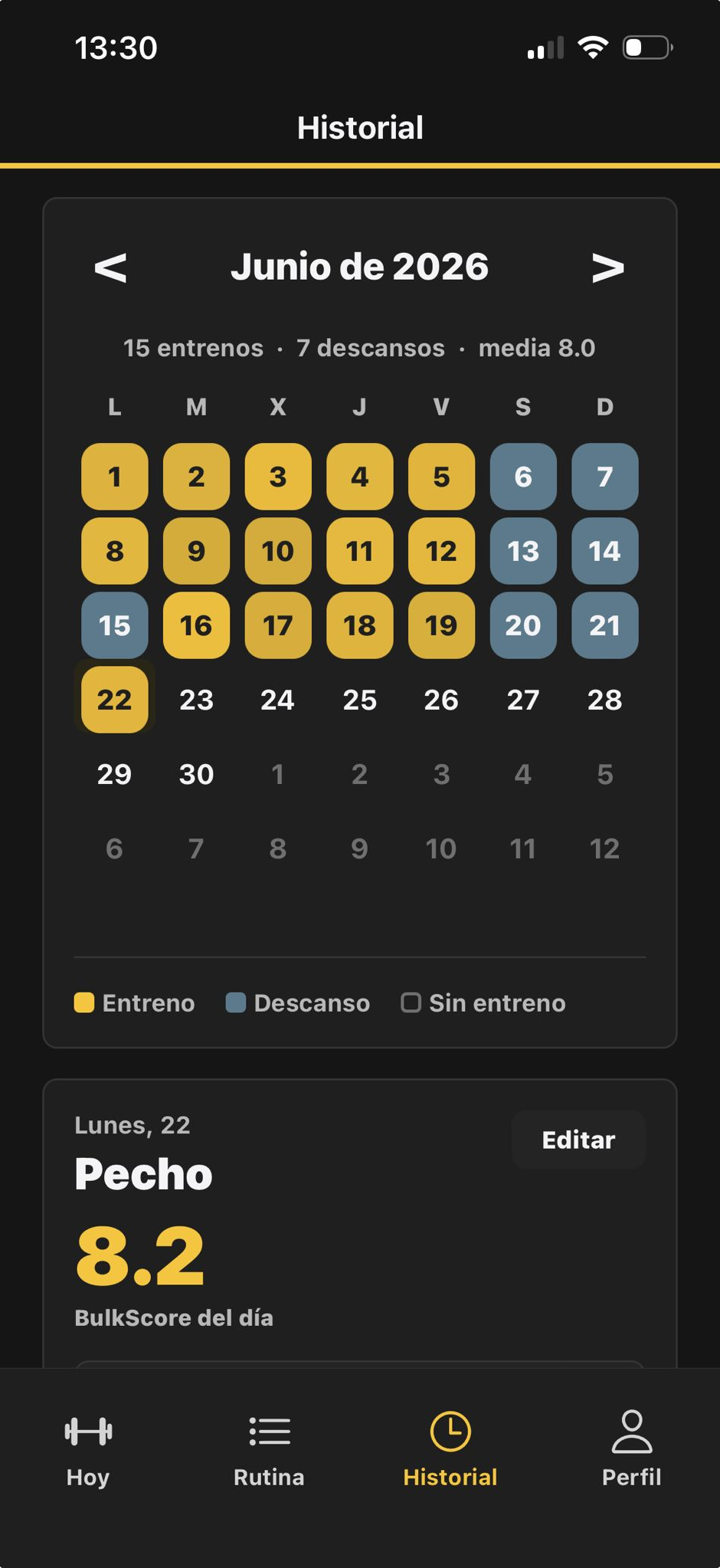 Calendario del historial con días de entreno y descanso