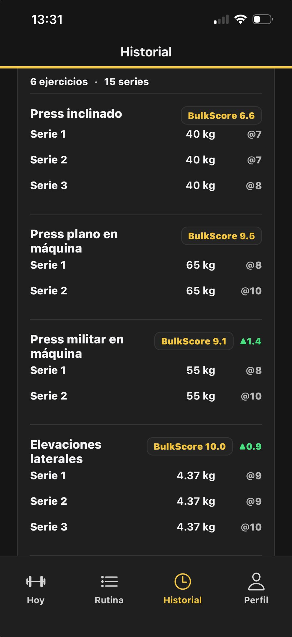 BulkScore por ejercicio — de 6.6 a 10.0 en la misma sesión